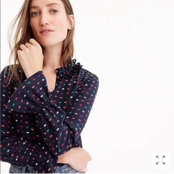 J.Crew Ruffle-Neck Silk Top in Lips Print size 8 Tall Navy Blue 100% Silk - Picture 2 of 12